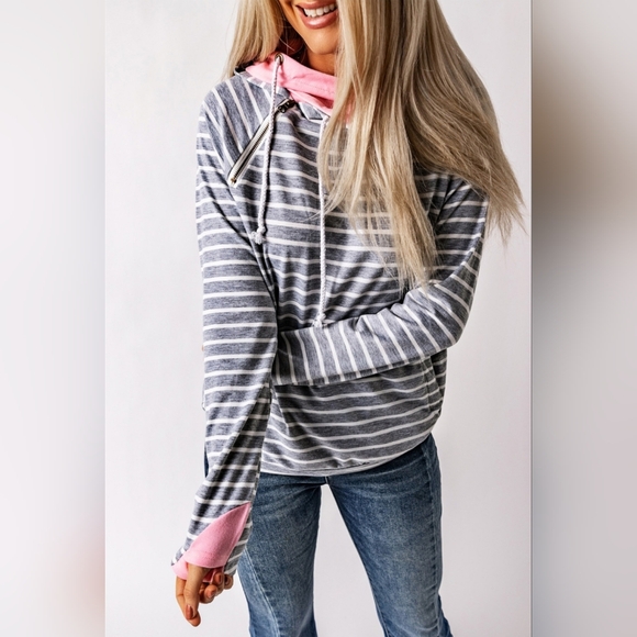 NEW WITH TAGS Small Gray White Stripe Pink Cowl Double Hoodie look - Picture 2 of 8